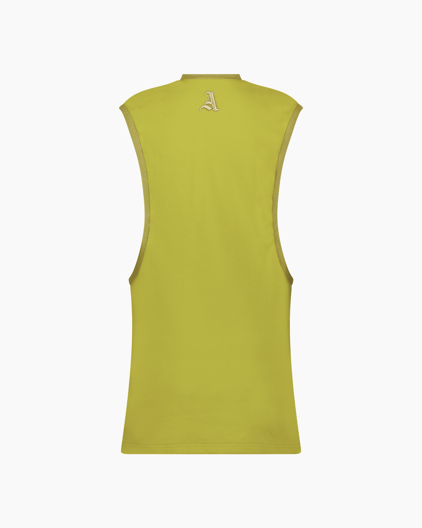 Yellow sleeveless shirt with a brand logo on the back against a white background. Amerie Mini Dress in Green Apple Color by Aseye Studio