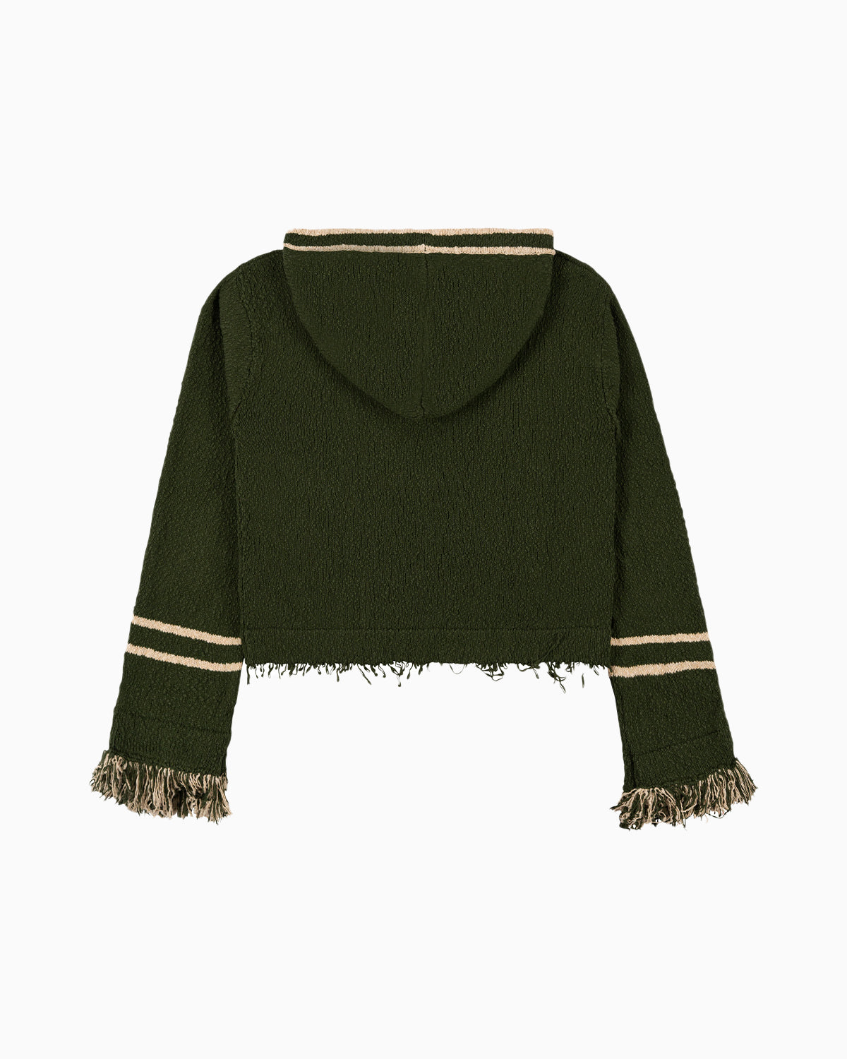 Back View of Andy Fringe Knit Hoodie by Aseye Studio