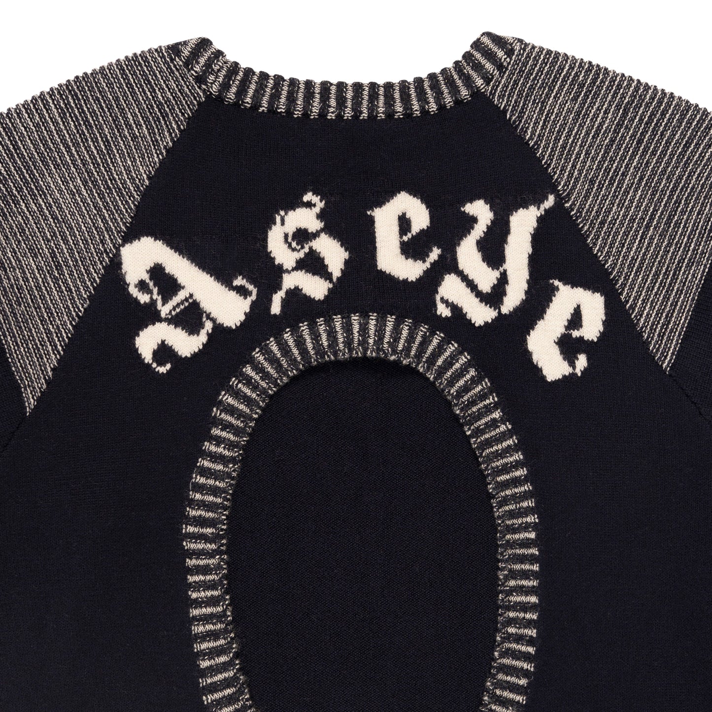 Detail View of Blended Color Ribbing and Intarsia Knit on back of Lola Open Back Dress by Aseye Studio