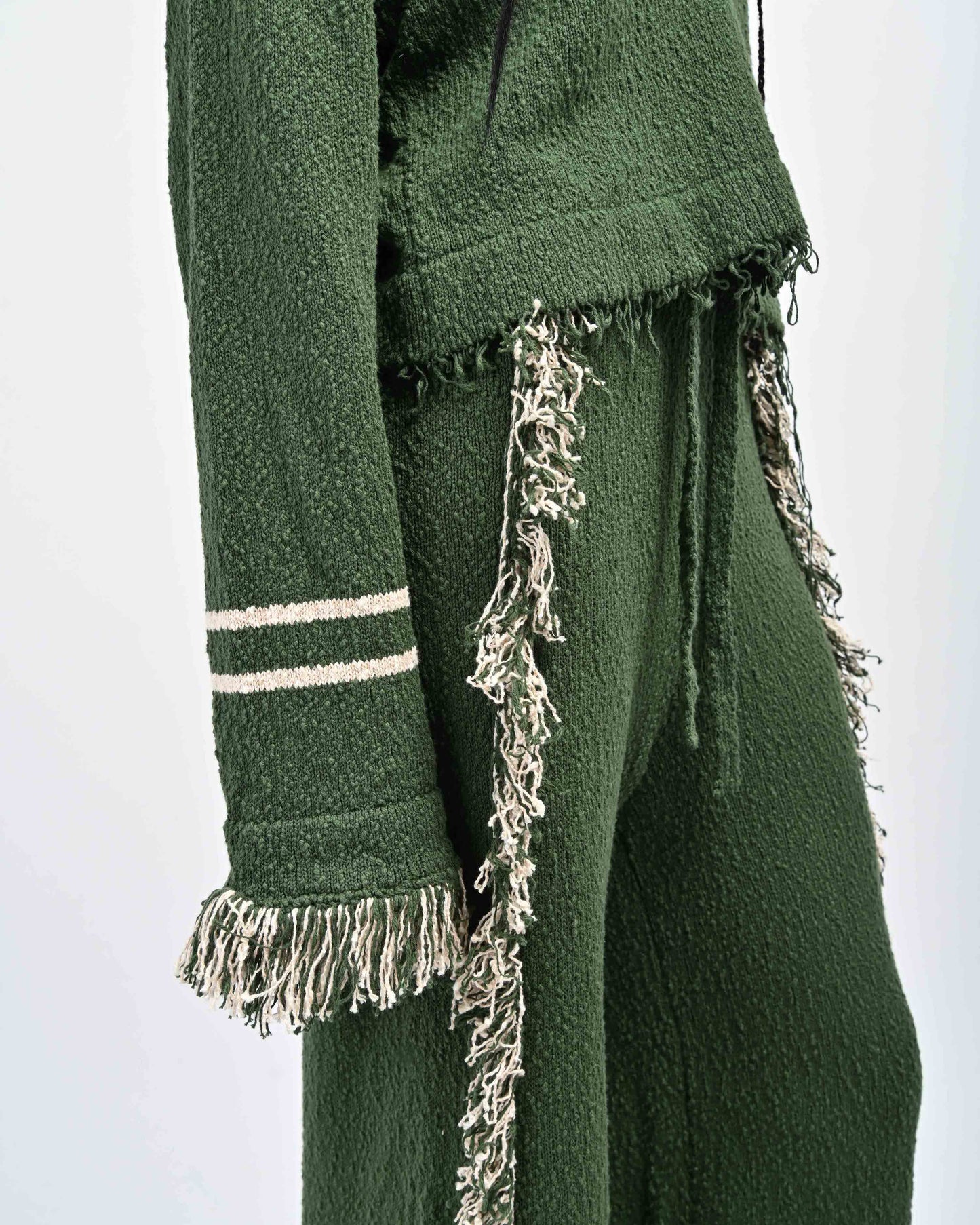 Detail View of Stripe Accent and Fringe Detail on Andy Fringe Knit Set by Aseye Studio