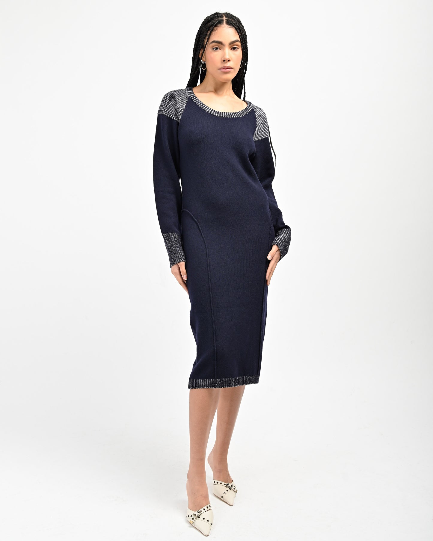 Front View of Model wearing Lola Open Back Dress in Navy Blue by Aseye Studio