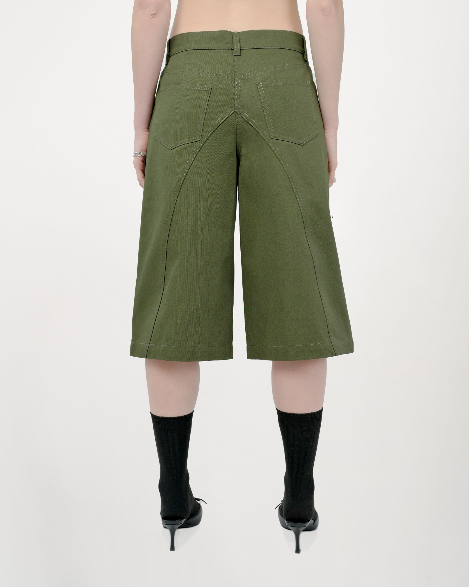 Back View of Wide-leg Tommi Short in Military Olive Green by Aseye Studio