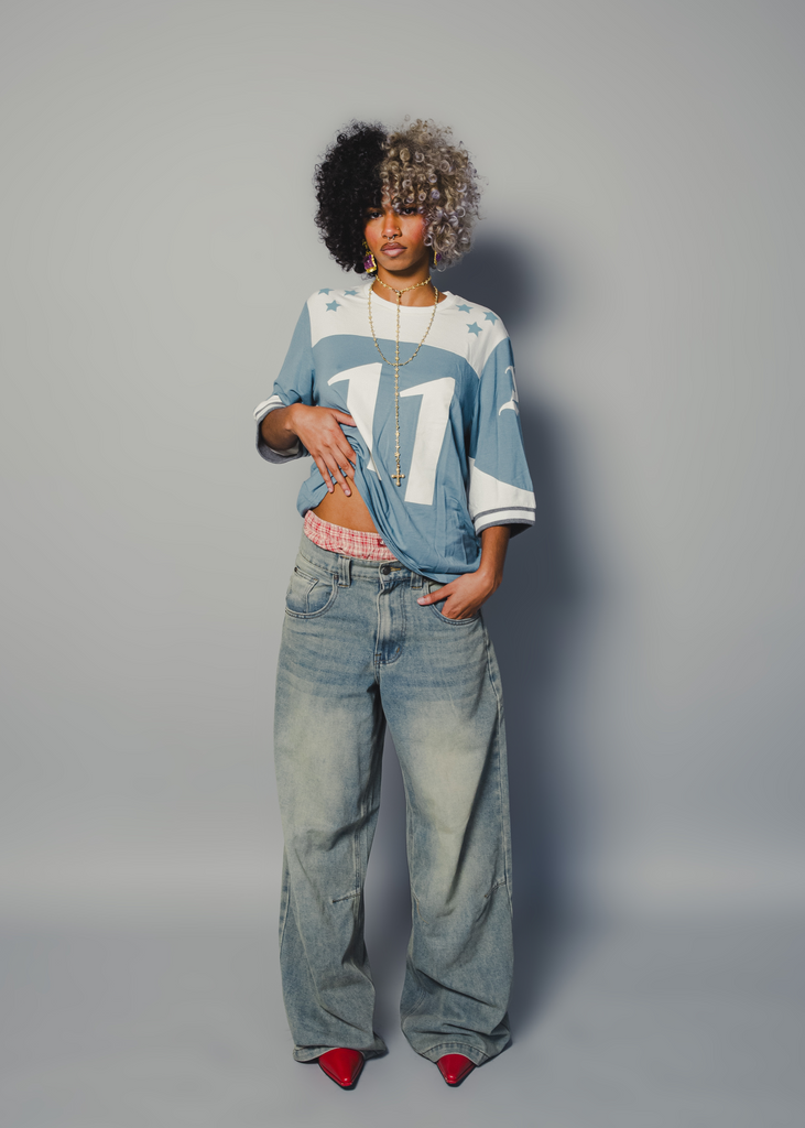 TAYLOR #11 FOOTBALL TEE BY ASEYE STUDIO IN BLUE AND WHITE