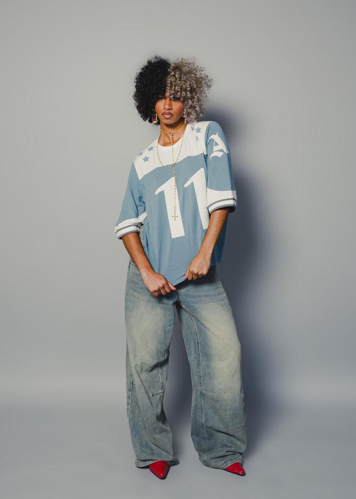 TAYLOR #11 FOOTBALL TEE BY ASEYE STUDIO IN BLUE AND WHITE
