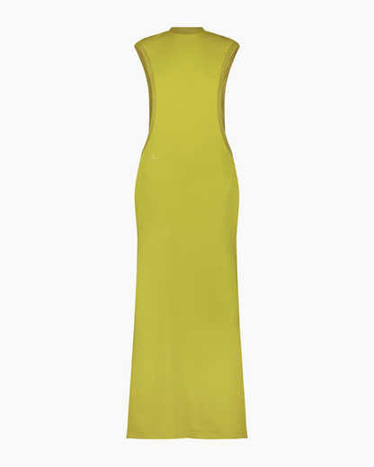 Yellow sleeveless maxi dress on a white background. Amerie Maxi Dress in Green Apple Color by Aseye Studio
