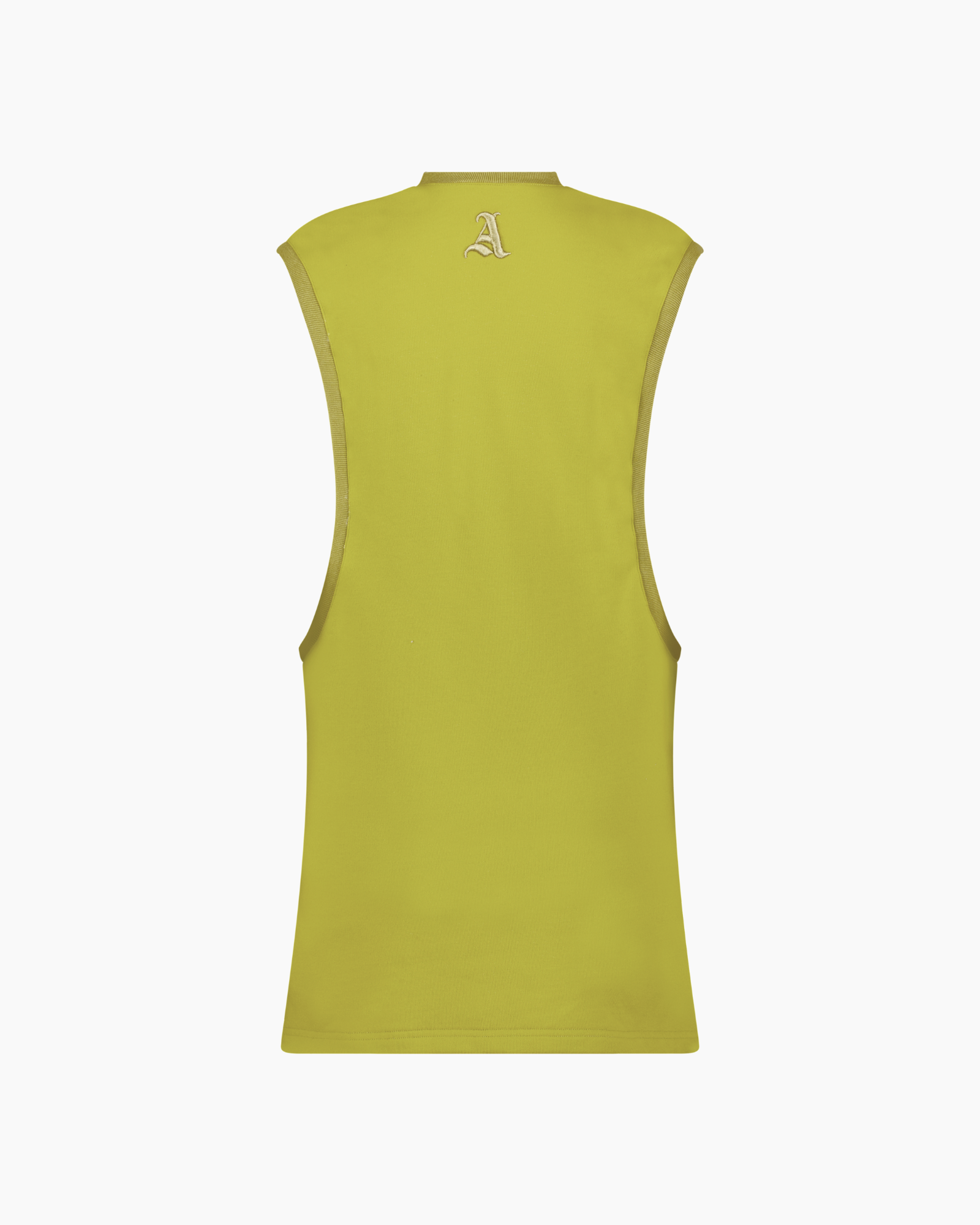 Yellow sleeveless shirt with a brand logo on the back against a white background. Amerie Mini Dress in Green Apple Color by Aseye Studio