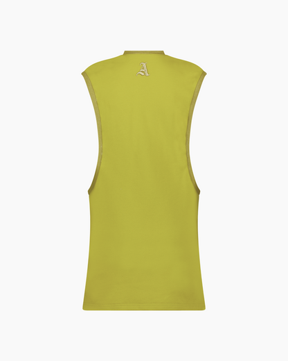 Yellow sleeveless shirt with a brand logo on the back against a white background. Amerie Mini Dress in Green Apple Color by Aseye Studio