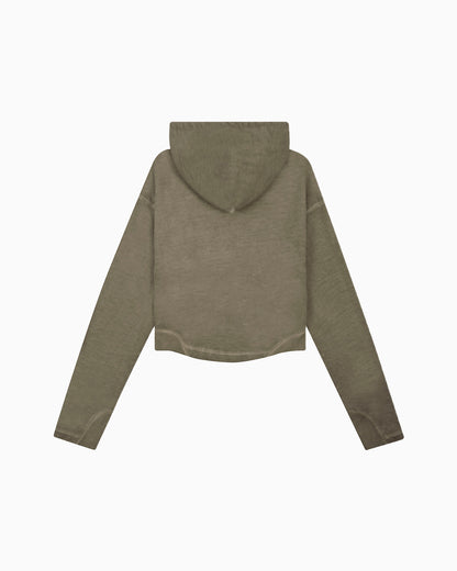 Back View of Allora Half-Zip Hooded Sweatshirt by Aseye Studio in Muted Green
