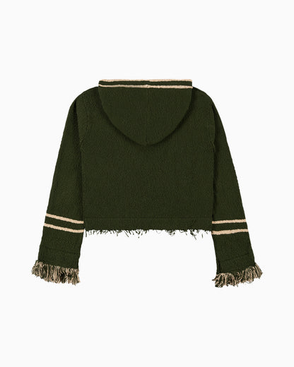 Back View of Andy Fringe Knit Hoodie by Aseye Studio