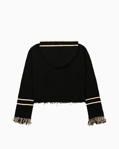 Back View of Andy Fring Knit Hoodie in Black and Oatmeal by Aseye Studio
