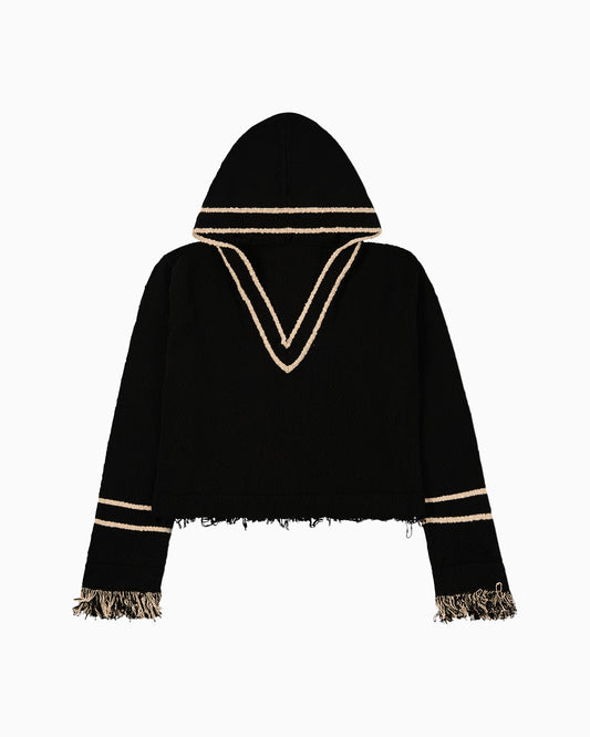 Andy Fringe Knit Hoodie in Black and Oatmeal by Aseye Studio