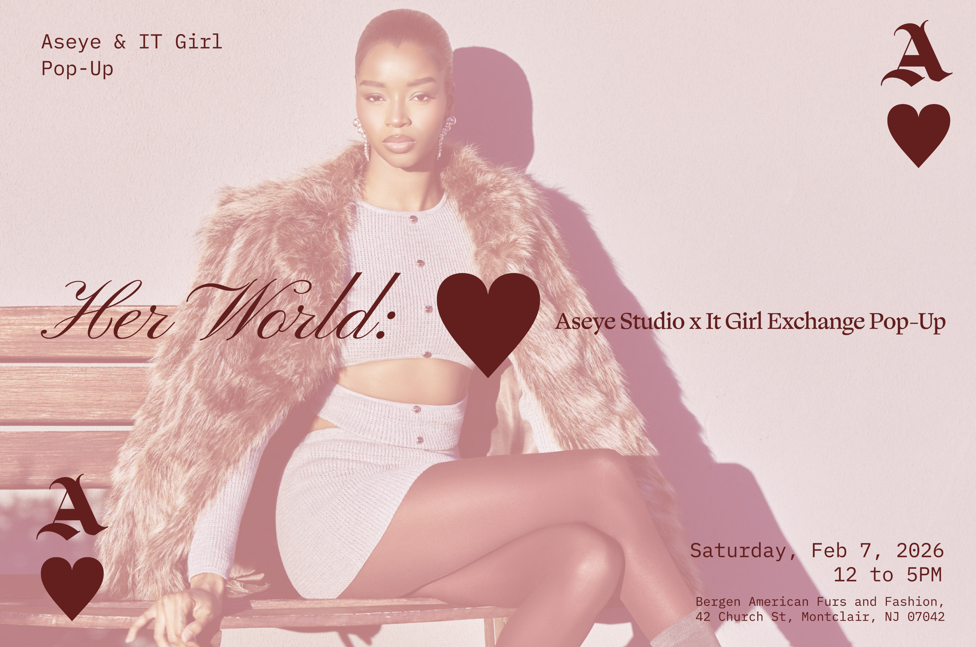 Promotional poster for Aseye & IT Girl Pop-Up curated event in New Jersey featuring a model in an Aseye full look and fur coat.