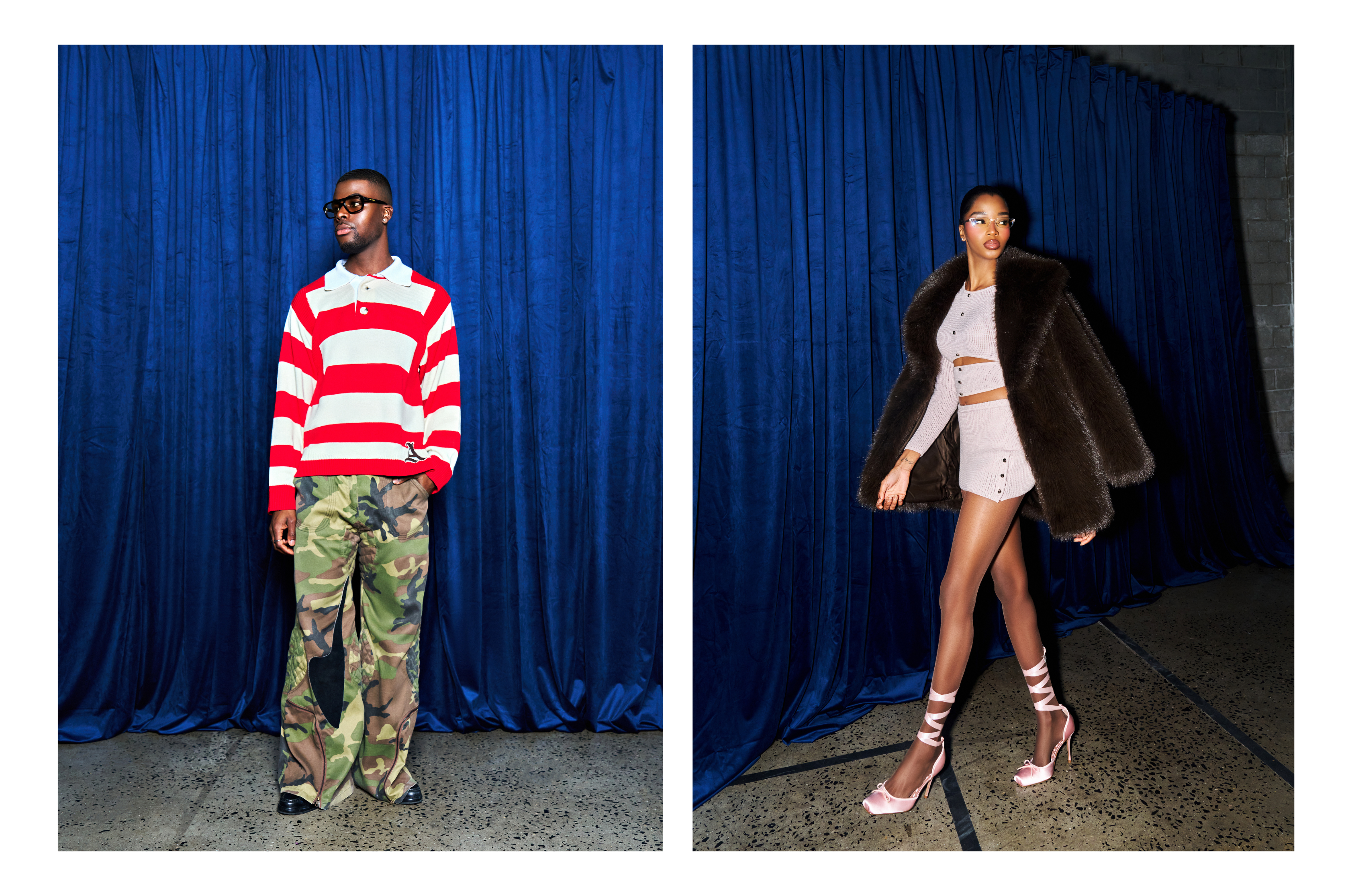 Man is wearing striped red and cream knit rugby sweater. Woman is wearing pink knit top with matching knit skirt and brown faux fur jacket. Discover Aseye Studio latest arrivals.