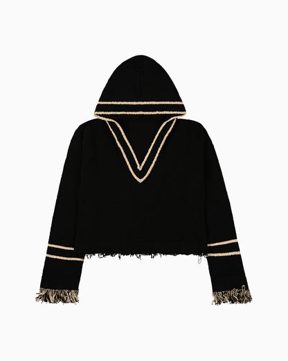 Andy Fringe Knit Hoodie in Black and Oatmeal by Aseye Studio