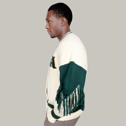 Male Model wearing size L/XL in the Cream and Emerald Green Varsity Cardigan by Aseye Studio