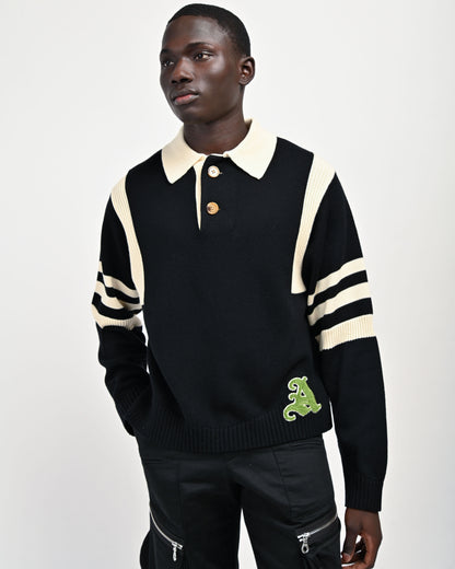 Model is wearing size Medium in the Kai Rugby Knit Sweater in Black by Aseye Studio. 