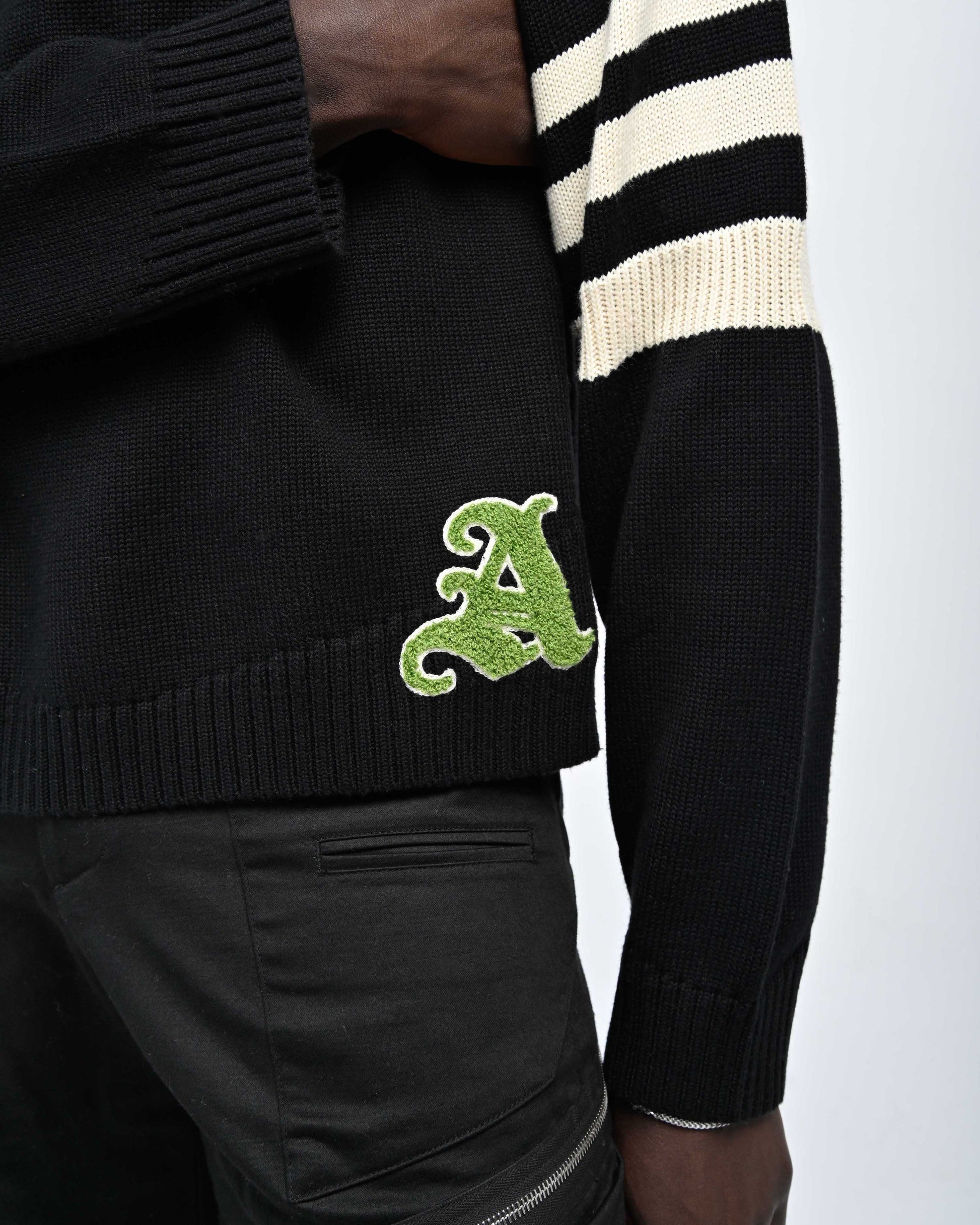 Detail View of light green Chenille 'A' Letter on Kai Rugby Knit by Aseye Studio