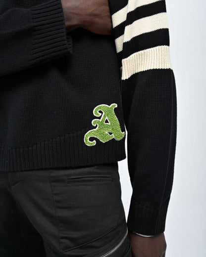 Detail View of light green Chenille 'A' Letter on Kai Rugby Knit by Aseye Studio