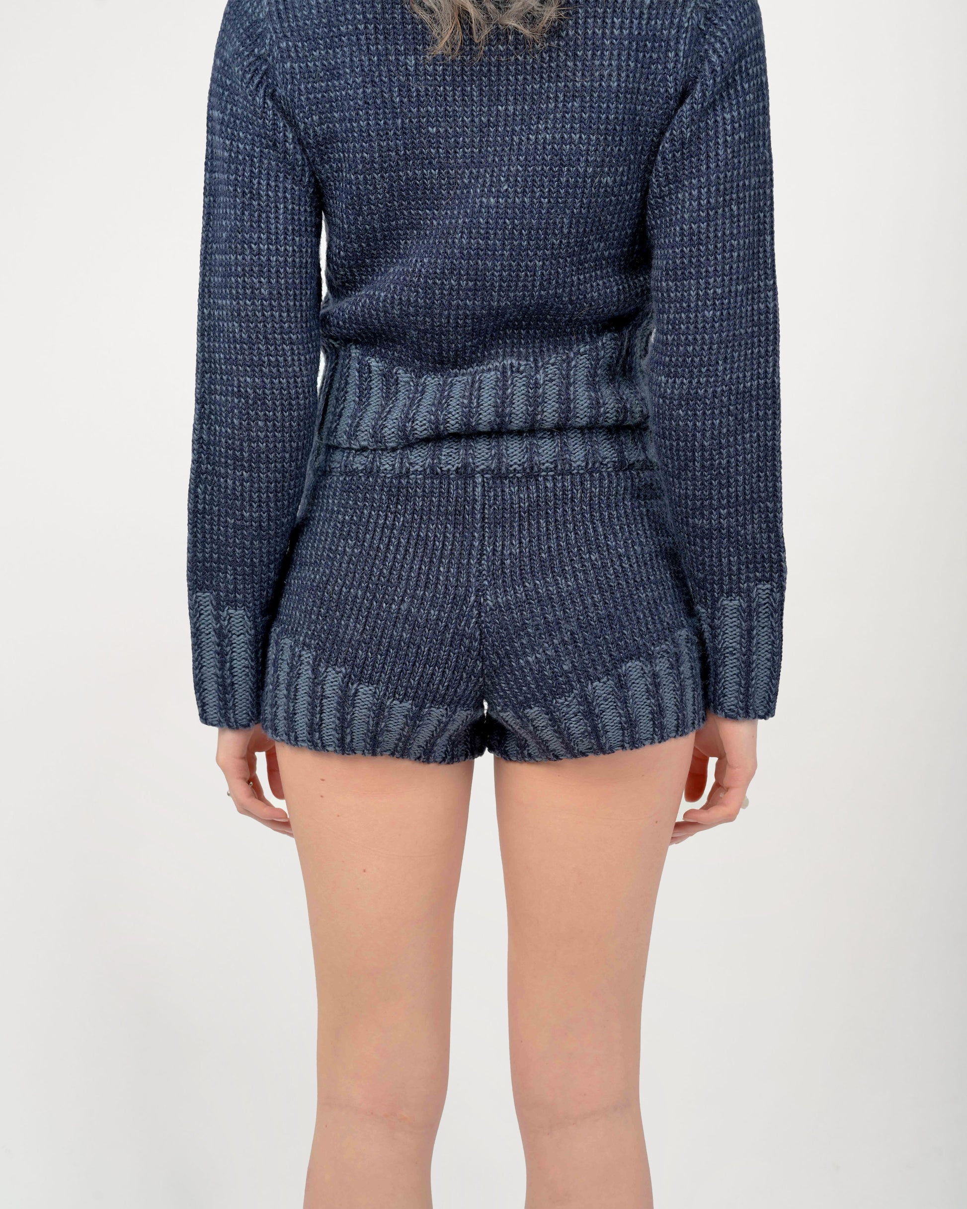 Back View of Zaya Knit Shorts Set in Denim Navy Blue by Aseye Studio