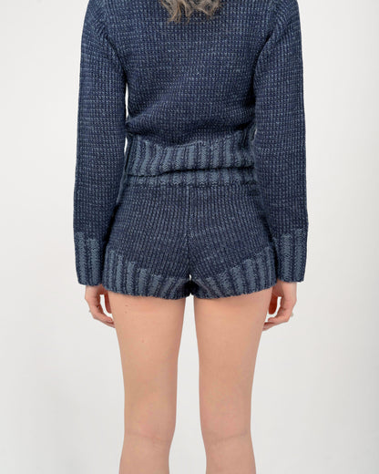 Back View of Zaya Knit Shorts Set in Denim Navy Blue by Aseye Studio