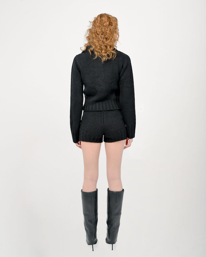 Back View of Zaya Knit Shorts Set in Black by Aseye Studio