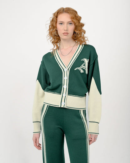 Model is wearing size Small in the Byrd Classic Knit Cardigan Set in Forest Green and Cream by Aseye Studio