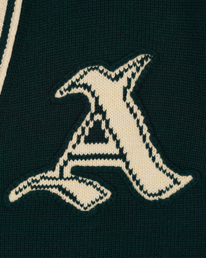 Hand Stitch 'A' detail on Byrd Classic Knit Cardigan in Forest Green and Cream by Aseye Studio