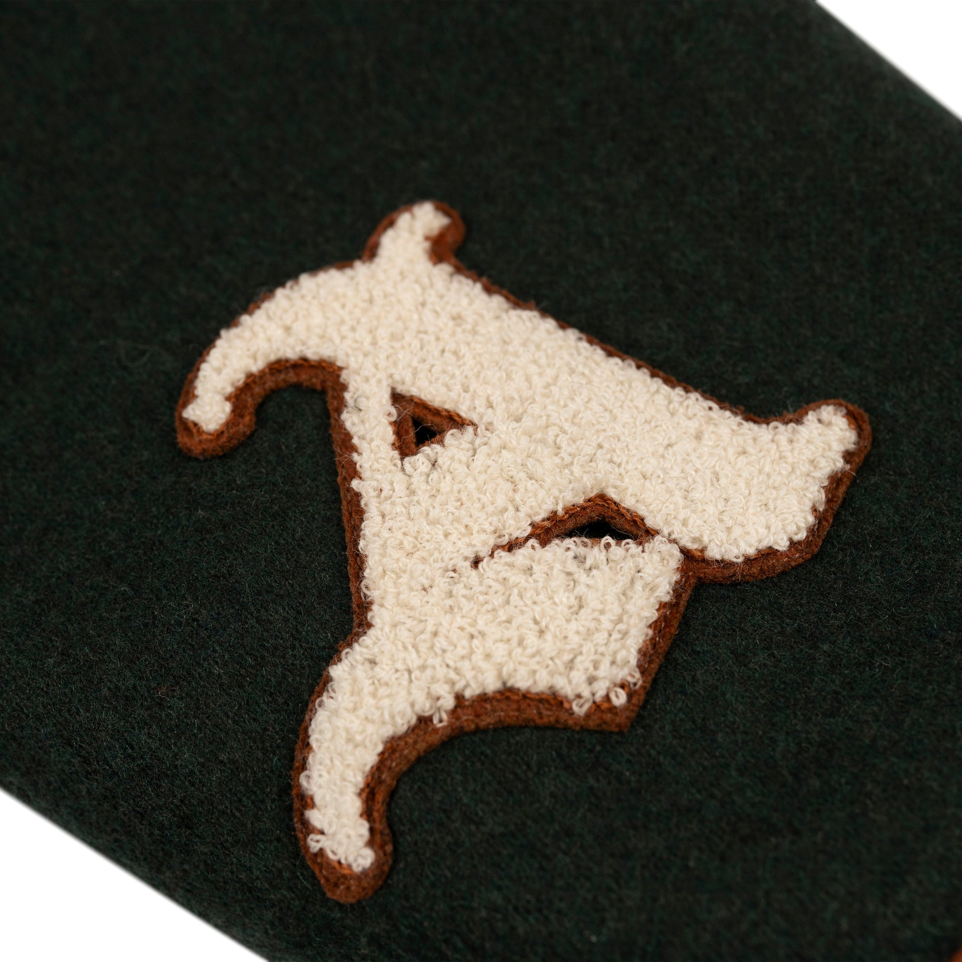 Detail view of Chenille 'A' Letter on Green Rue Varsity Jacket by Aseye Studio