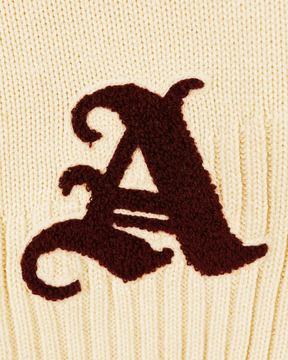 Chenille 'A' Aseye Logomark detail on Kai Rugby Knit Sweater by Aseye Studio
