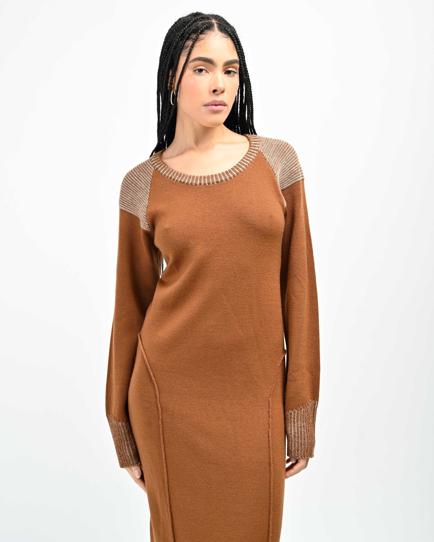 Closer View of Model wearing Lola Open Back Dress in Copper by Aseye Studio