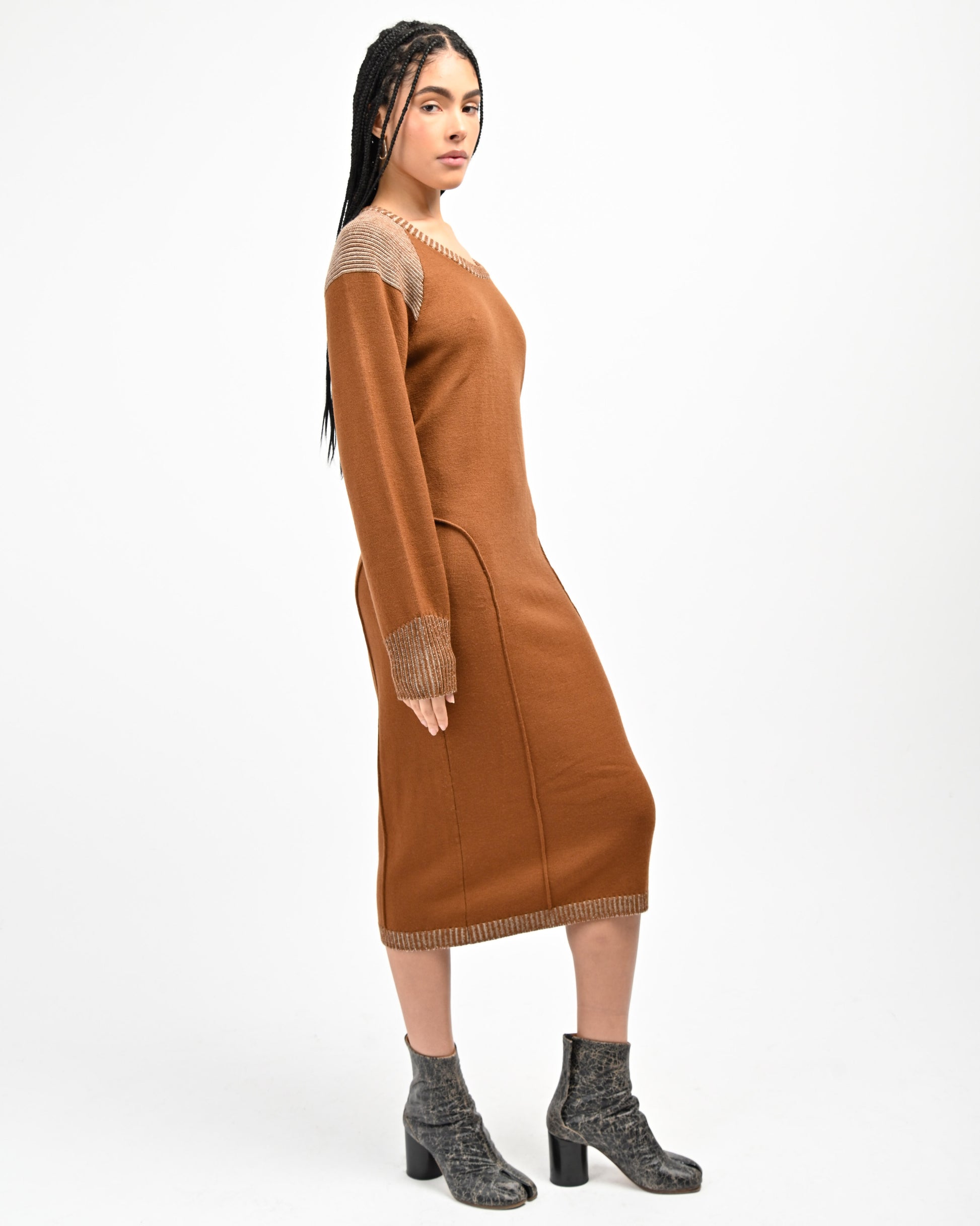 Model is wearing Lola Open Back Dress in Copper by Aseye Studio
