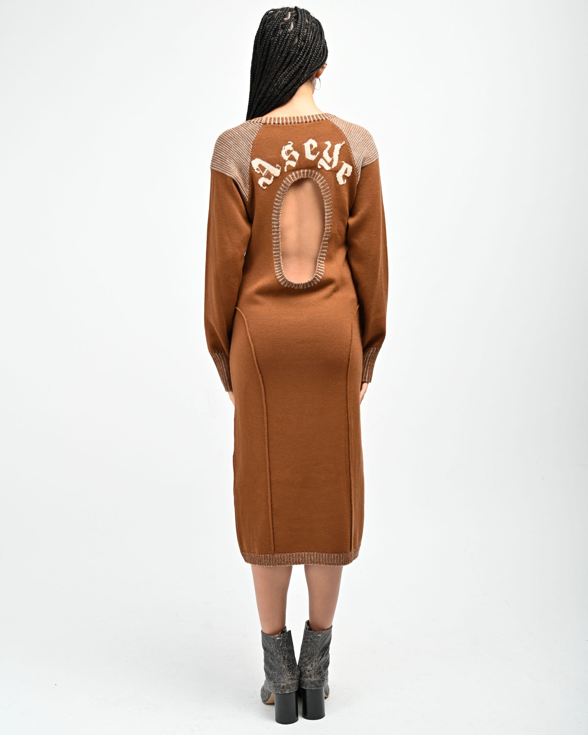 Back View of model wearing Lola Open Back Dress in Copper by Aseye Studio