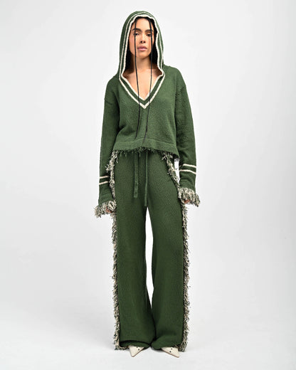 Model is wearing Andy Fringe Knit Set by Aseye Studio