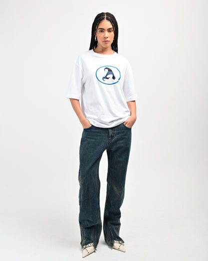Model is wearing Plaid 'A' T-shirt in White by Aseye Studio