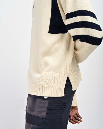 Side Detail View of Kai Rugby Knit Sweater by Aseye Studio