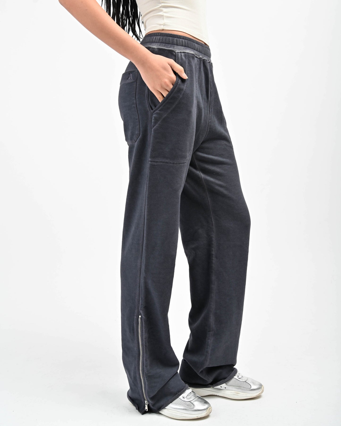 Side View of Allora Track Pants in color Indigo Blue