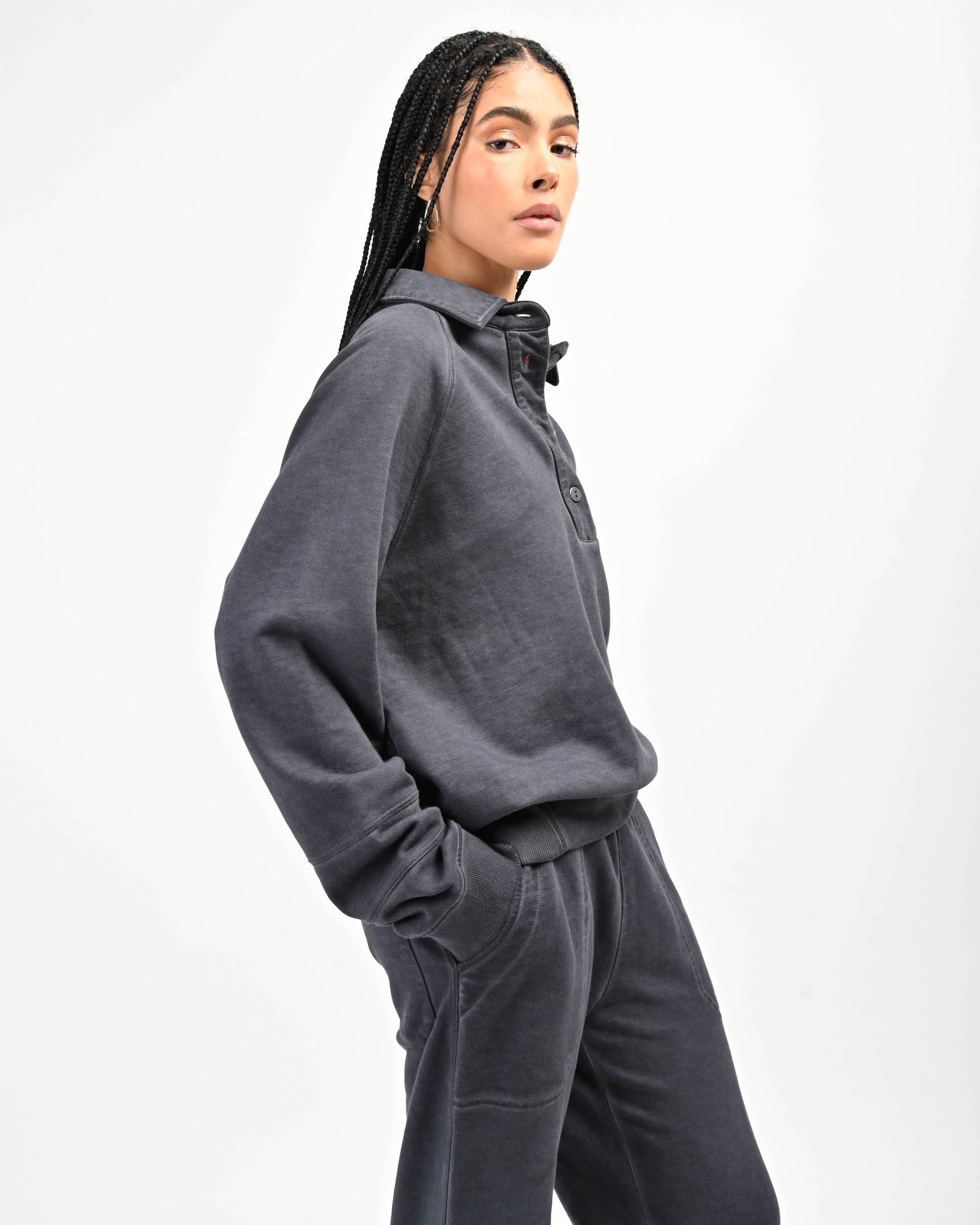 Side View of Model in August Pullover Sweatshirt by Aseye Studio