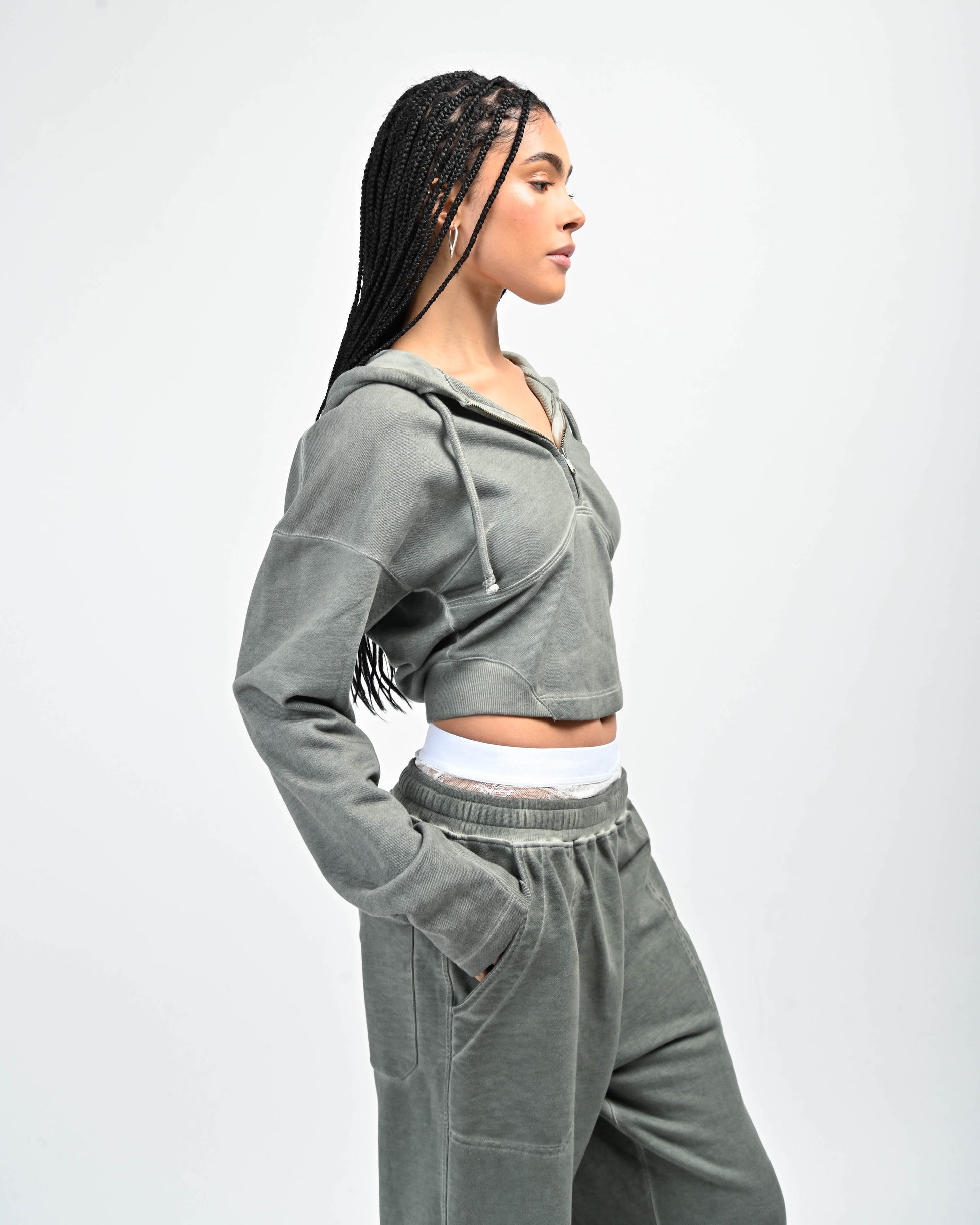 Close View of Allora Half-Zip Hooded Sweatshirt by Aseye Studio