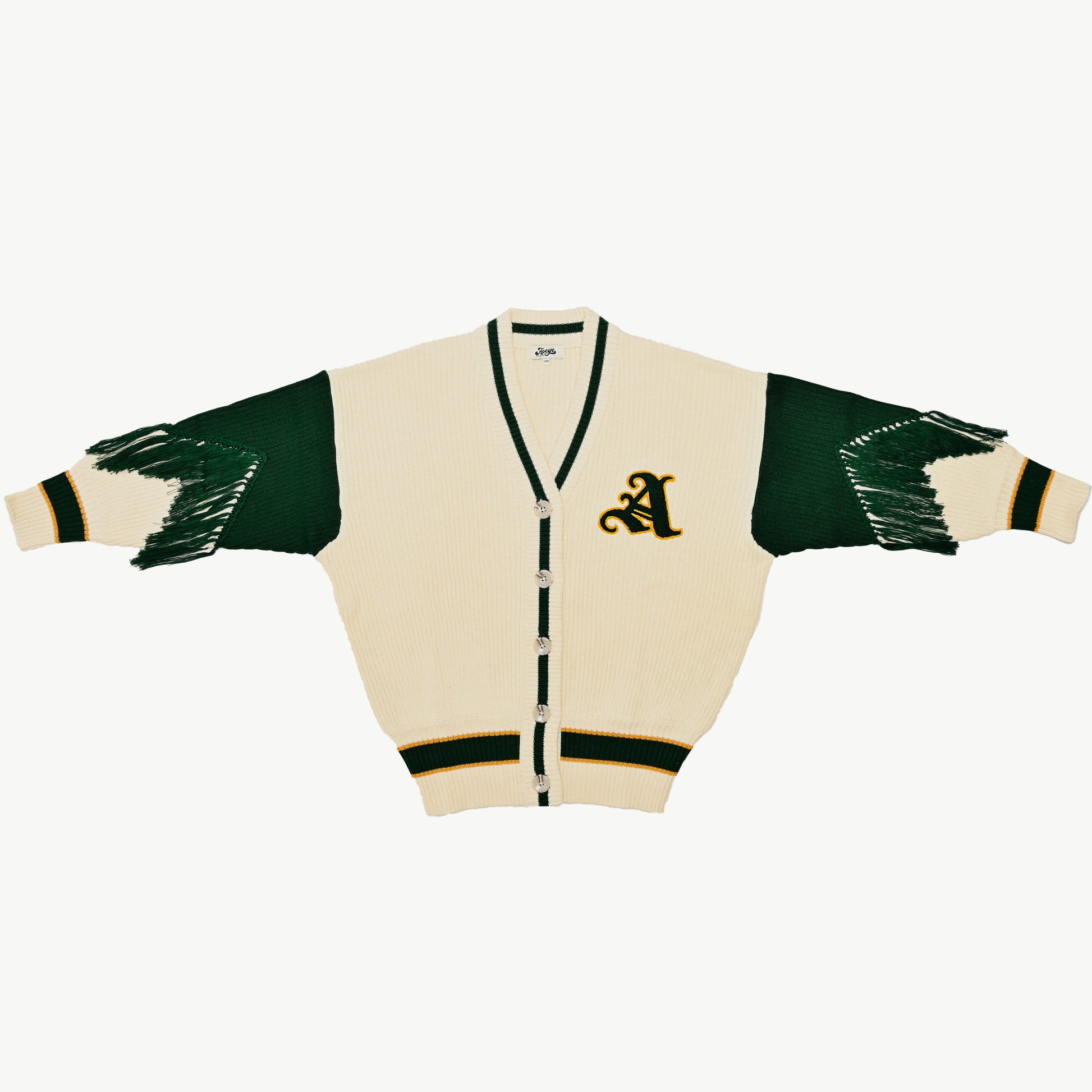 Varsity Cardigan in Cream and Emerald Green by Aseye Studio