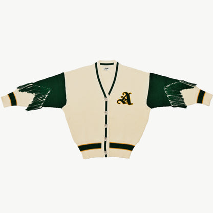 Varsity Cardigan in Cream and Emerald Green by Aseye Studio