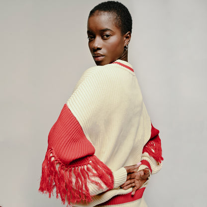 Model in Best Seller Varsity Cardigan by Aseye Studio