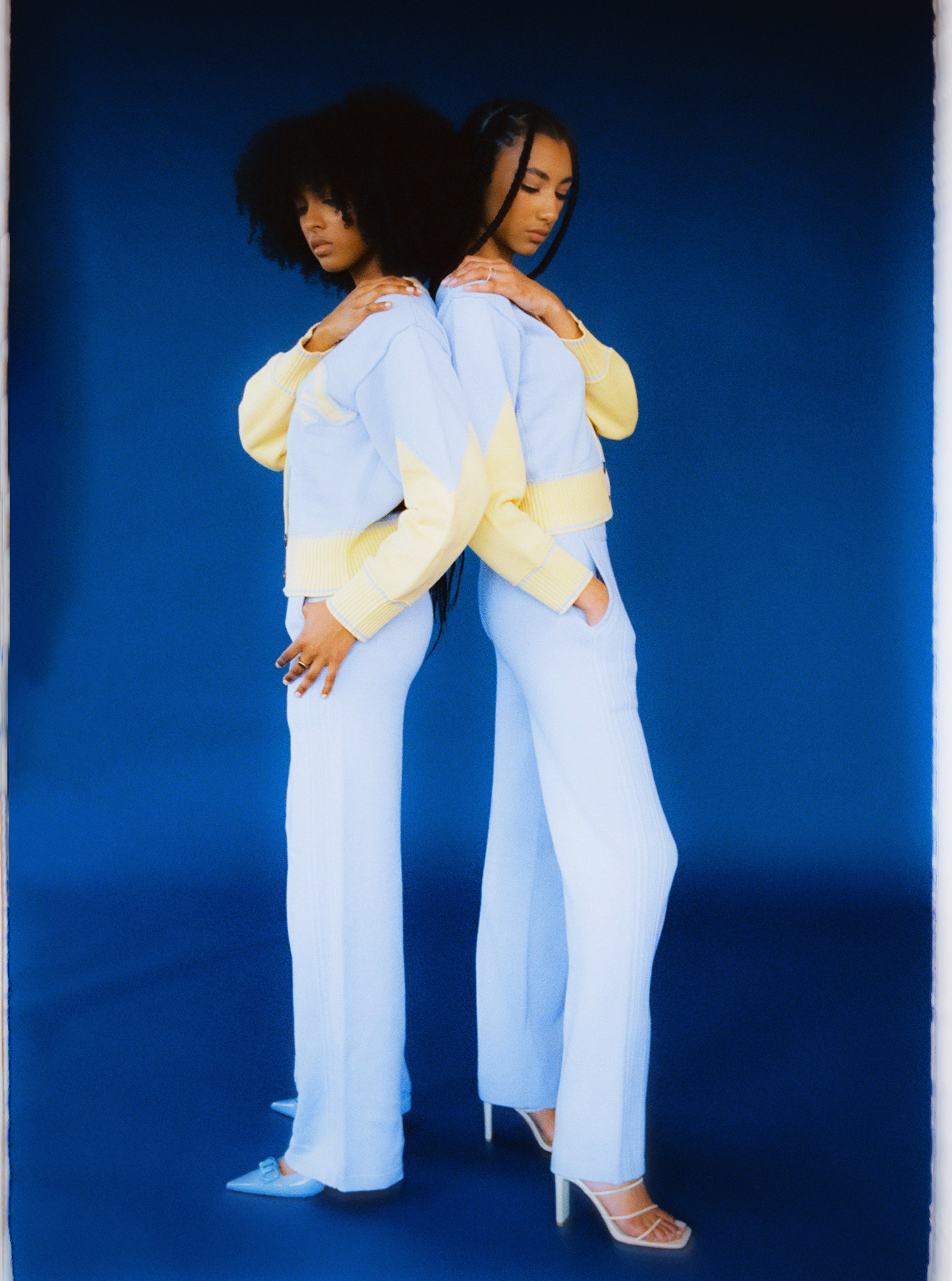 Models are wearing the Byrd Classic Knit Cardigans and Pants in Icy Blue. Pair with Byrd Classic Knit Pants for full matching lookby Aseye Studio