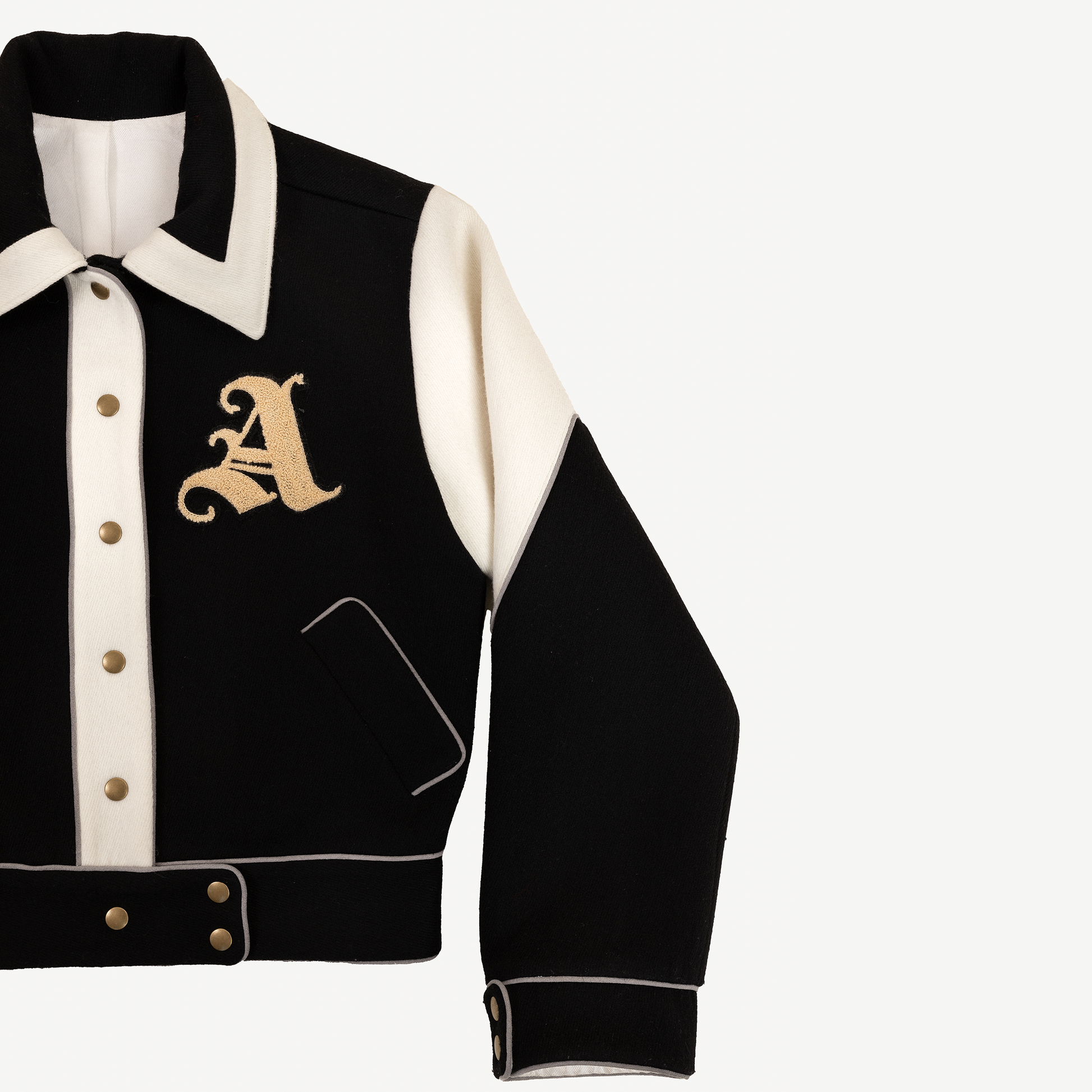 Detail View of Liz Varsity Jacket in Black