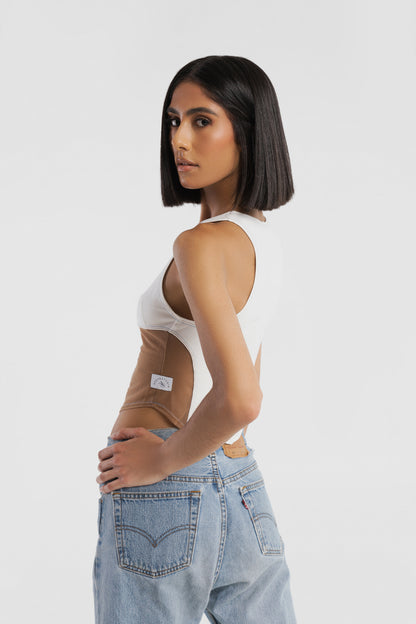 Back View of Model wearing size X-Small in Kaya Mesh Tank Top