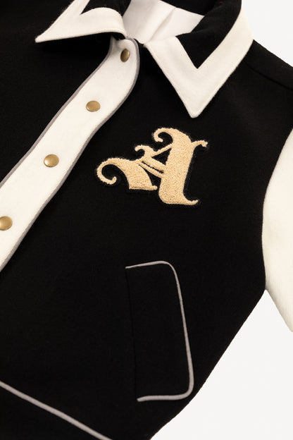 Detail View of Liz Varsity Jacket in Black