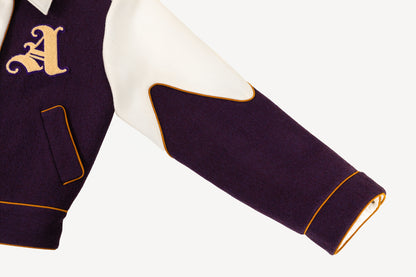 Sleeve Detail View of Liz Varsity Jacket in Deep Purple and Off-White